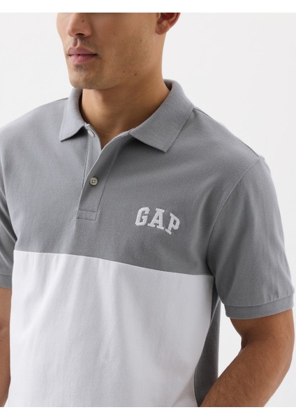 Erkek Gri Gap Logo Colorblock Pique Polo Yaka T-Shirt