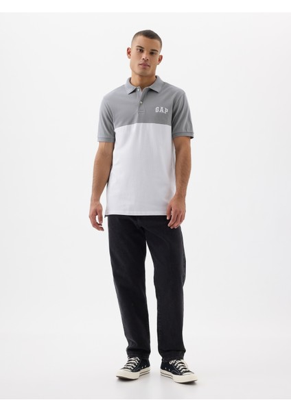 Erkek Gri Gap Logo Colorblock Pique Polo Yaka T-Shirt