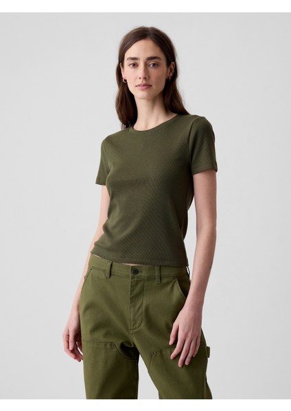 Kadın Yeşil Modern Fitilli Crop T-Shirt