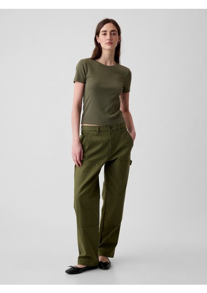 Kadın Yeşil Modern Fitilli Crop T-Shirt