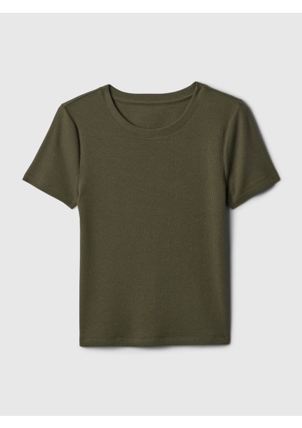 Kadın Yeşil Modern Fitilli Crop T-Shirt