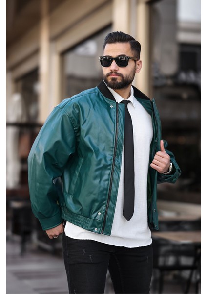 Erkek Baharlık Oversıze Yakası Ribanalı Deri Ceket