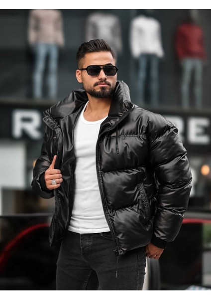 Gizlenebilir Kapüşonlu Erkek Şişme Nubuk Deri Mont