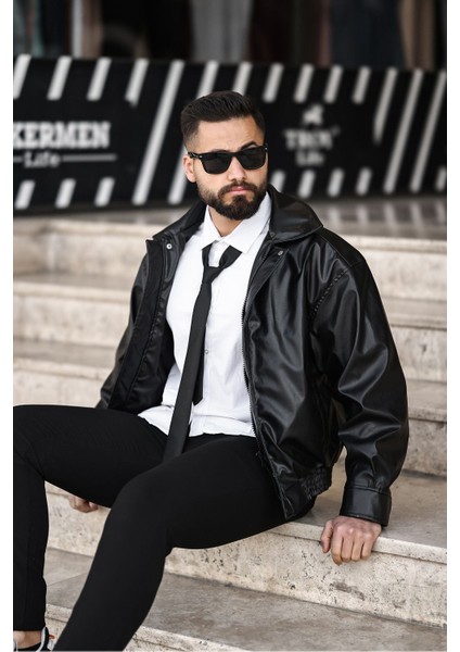 Erkek Baharlık Oversıze Yakalı Deri Ceket