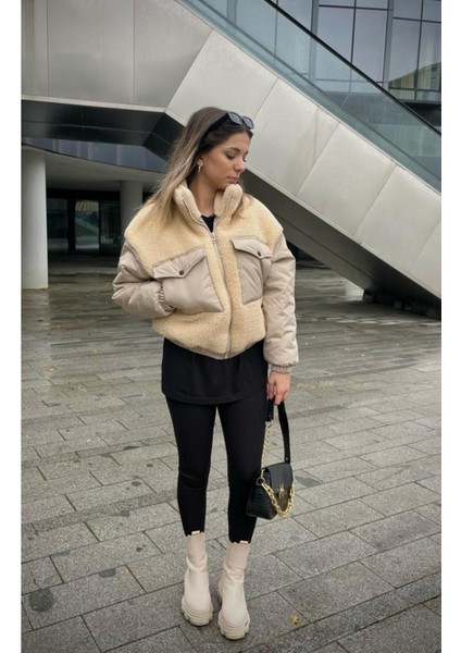 Torba Cepli Kürklü Peluş Kadın Mont