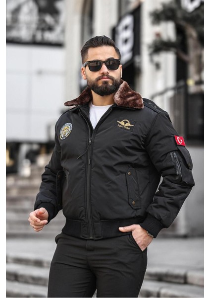 Yakası Kürklü Apoletli Erkek Pilot Mont