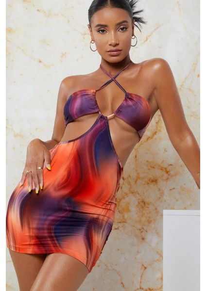 Kadın Turuncu Batik Desenli Mini Plaj Elbise