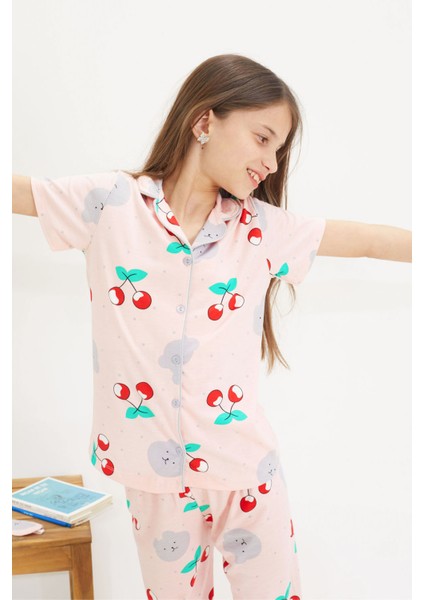 Kiraz Desenli Kısa Kol Kız Çocuk Göz Bantlı Pijama Takımı 18654 modelleri