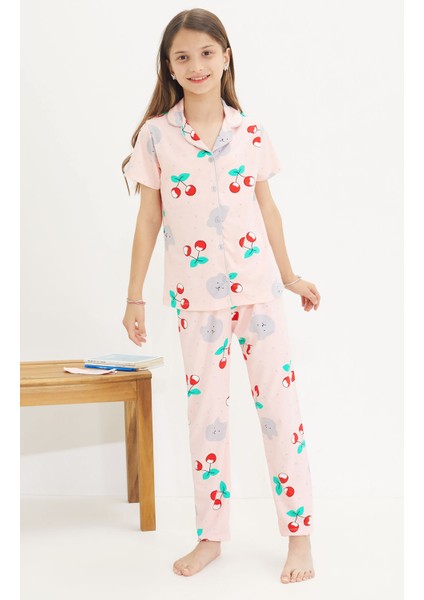 Kiraz Desenli Kısa Kol Kız Çocuk Göz Bantlı Pijama Takımı 18654 fırsatları