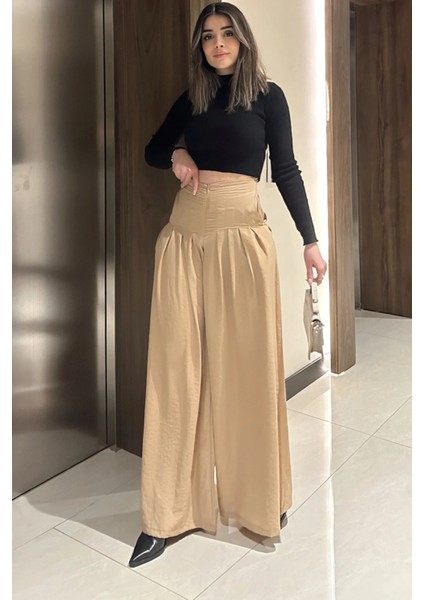Kadın Bej Fermuar Kapamalı, Cepli, Pileli Bol Paça Etek Pantolon fiyatları