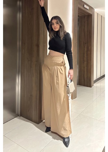 Kadın Bej Fermuar Kapamalı, Cepli, Pileli Bol Paça Etek Pantolon modelleri