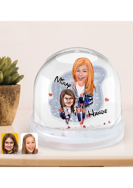 Kişiye Özel Anne-Kız Karikatürlü Kar Küresi-2, Anneye Hediye, Anneler Günü Hediyeleri
