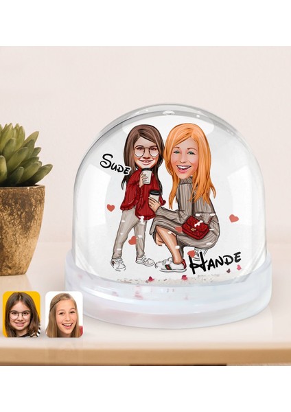 Kişiye Özel Anne-Kız Karikatürlü Kar Küresi-4, Anneye Hediye, Anneler Günü Hediyeleri