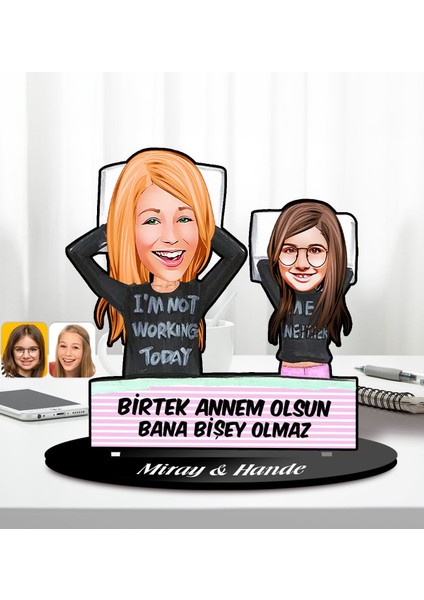 Gift Kişiye Özel Anne-Kız Karikatürlü Ahşap Biblo-1, Anneye Hediye, Anneler Günü Hediyeleri