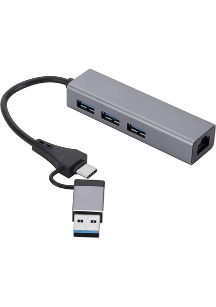 Type-C & 3x USB 3.0 Çiftli Ethernet RJ45 Windows Macos Macbook Uyumlu Çevirici Hub Adaptör