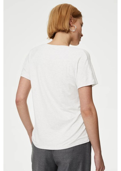 Kadın T Kol V Yaka T-Shirt Bluz Beyaz modelleri