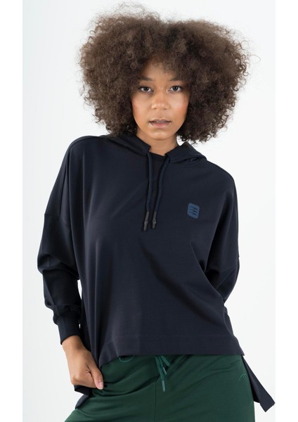 Oversize Kadın Kapüşonlu Lacivert Sweatshirt