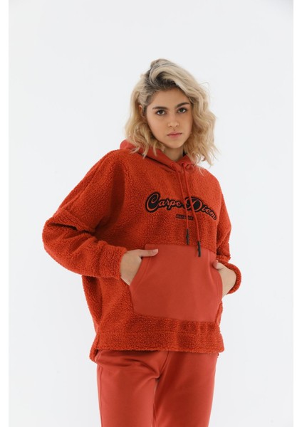 Sportswear Comfort Kadın Kapşonlu Uzun Kol Basic Kiremit-Siyah Sweatshirt 20323