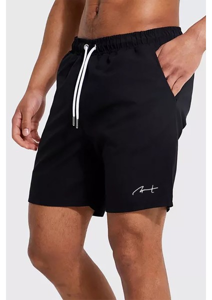 Erkek Siyah Astarlı Hızlı Kuruyan Cepli Plaj Deniz Şortu