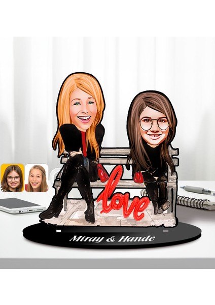 Kişiye Özel Anne-Kız Karikatürlü Ahşap Biblo-3, Anneye Hediye, Anneler Günü Hediyeleri