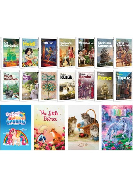 Oz Büyücüsü - Heidi - Peter Pan - Kütük 14'lü Kitap Set - 4'lü Defter