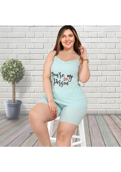 Mint Rengi Fitilli Kısa Şortlu %100 Pamuklu Büyük Beden Kadın Yazlık Pijama Takımı