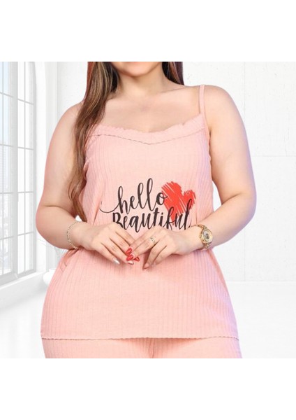 Şeftali Rengi Fitilli Kısa Şortlu %100 Pamuklu Büyük Beden Kadın Yazlık Pijama Takımı