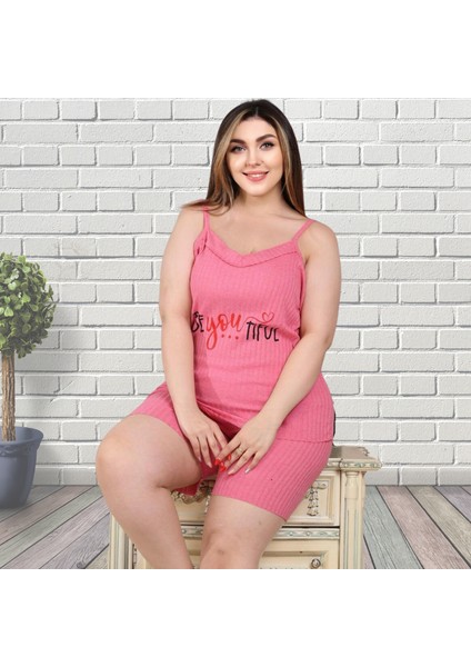 Koyu Pembe Renkli Büyük Beden Fitilli Kısa Şortlu %100 Pamuklu Kadın Yazlık Pijama Takımı