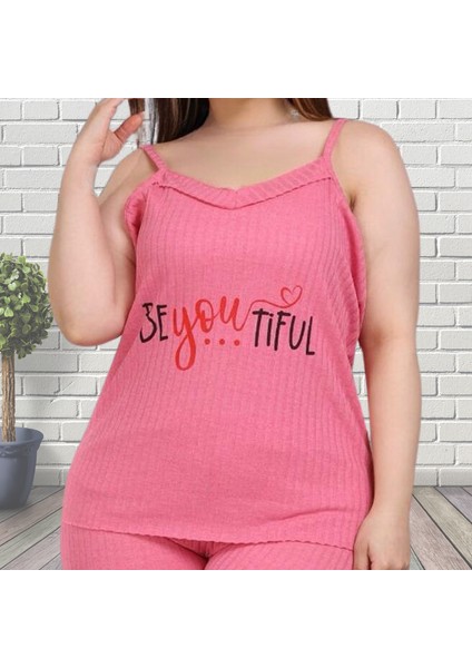 Koyu Pembe Renkli Büyük Beden Fitilli Kısa Şortlu %100 Pamuklu Kadın Yazlık Pijama Takımı