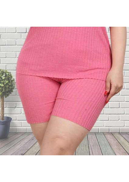 Koyu Pembe Renkli Büyük Beden Fitilli Kısa Şortlu %100 Pamuklu Kadın Yazlık Pijama Takımı