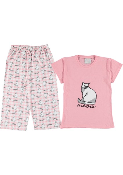 Pembe Renkli Pamuk Penye Kumaştan Kedi Desenli Bermuda Altlı Kısa Kollu Yazlık Kadın Pijama Takımı