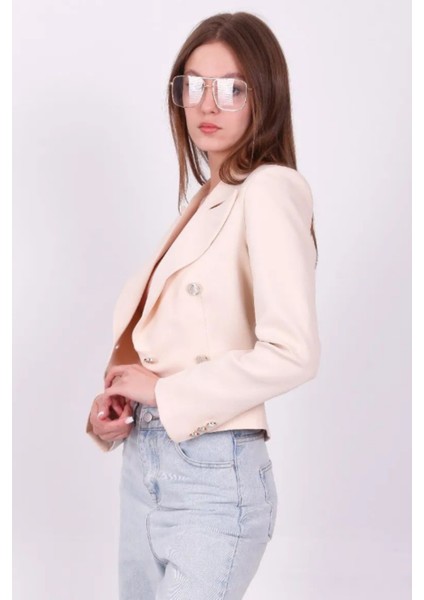 Kruvaze Crop Kadın Blazer Ceket Tek Düğmeli Kısa Bej Ceket