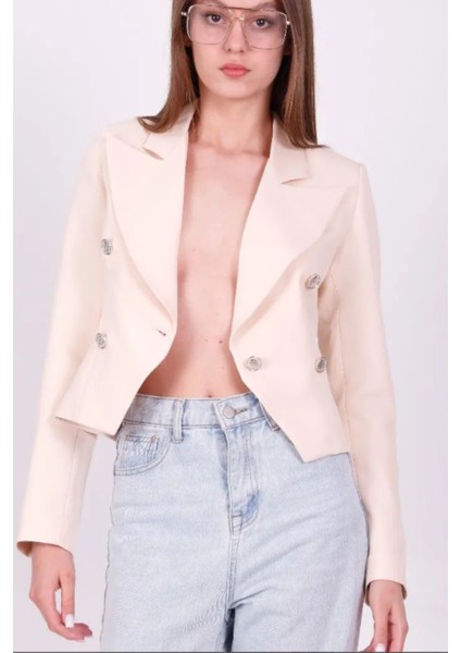 Kruvaze Crop Kadın Blazer Ceket Tek Düğmeli Kısa Bej Ceket fiyatları