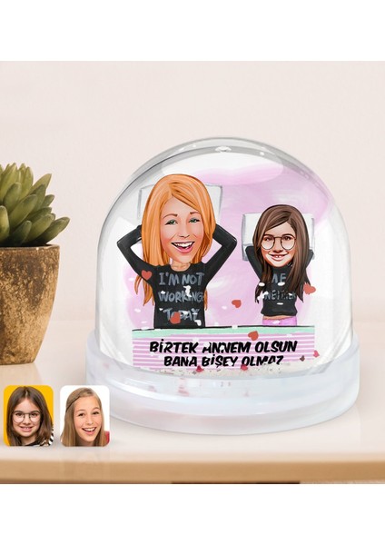 Kişiye Özel Anne-Kız Karikatürlü Kar Küresi-1, Anneye Hediye, Anneler Günü Hediyeleri