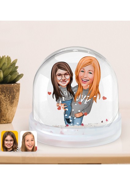 Kişiye Özel Anne-Kız Karikatürlü Kar Küresi-6, Anneye Hediye, Anneler Günü Hediyeleri