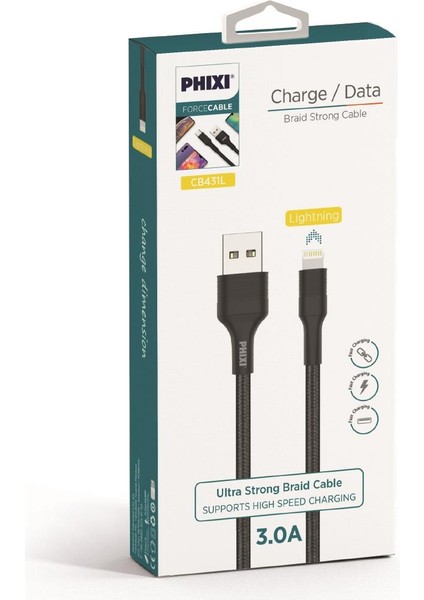 Force CB431L Hasır Örgü ve Ekstra Güçlendirilmiş Silikon Başlıklı Lightning USB Hızlı Şarj ve Data Kablo
