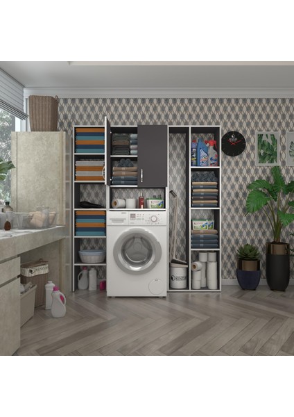 Kenzlife çamaşır makinesi dolabı veronikamega gri 180*156*20 banyo arkalıksız raflı