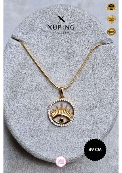 Xuping Jewelry Xuping 3 Boyutlu Göz Detaylı Yuvarlak Çerçeveli Zirkon Taşlı 49 cm 14 Ayar Altın Kaplama Rose Renk Kolye