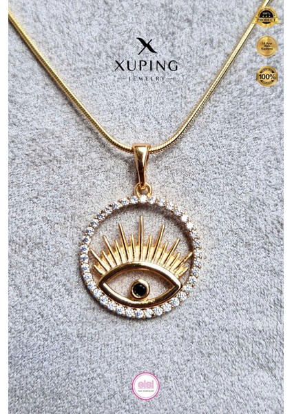 Xuping Jewelry Xuping 3 Boyutlu Göz Detaylı Yuvarlak Çerçeveli Zirkon Taşlı 49 cm 14 Ayar Altın Kaplama Rose Renk Kolye