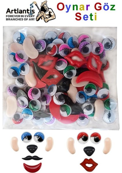 Renkli Oynar Göz 12 mm Yüz Seti 96 Lı 1 Paket Ağız Kulak Burun Bıyık Dudak Plastik Anasınıfı Kreş Etkinlik Hobi Tasarım Elişi