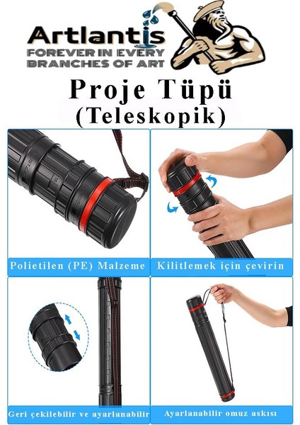 Proje Tüpü Siyah Dar 1 Adet Teleskopik Bozuka Proje Tüpü Iki Kademeli Teknik Çizim Çantası