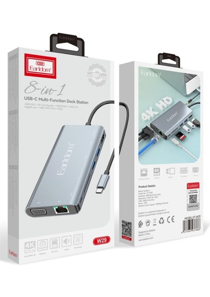 Macbook Air/pro Uyumlu 8 In 1 Hub Type-C To HDMI Tv Projeksiyon USB Sd/tf Ethernet Lan Çevirici