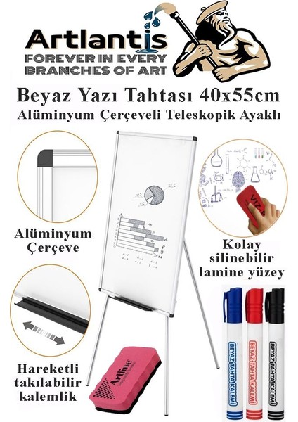 Ayaklı Beyaz Yazı Tahtası 40X55 cm Teleskobik Ayaklı 1 Adet Alüminyum Kolay Silinebilir Ergomik Beyaz Yazı Tahtası