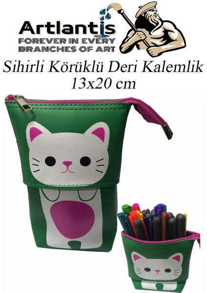 Körüklü Kalemlik Kedi 1 Adet Yeşil Renk Sihirli Körüklü Deri Kalemlik Kalem Çantası Sevimli Kedi Kalem Kutusu