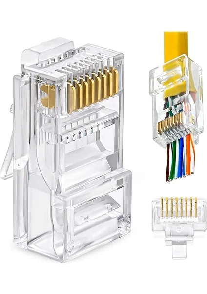 - 50 Adet - 3u" (3 Micron) Gold Plated Cat6 Ez RJ45 Yeni Nesil Delikli Konnektör Uç Jack