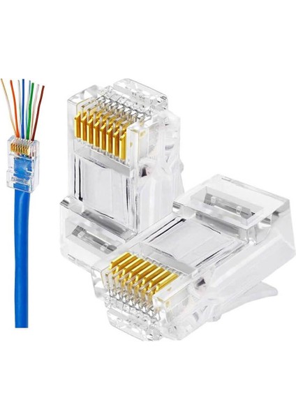 - 50 Adet - 3u" (3 Micron) Gold Plated Cat6 Ez RJ45 Yeni Nesil Delikli Konnektör Uç Jack