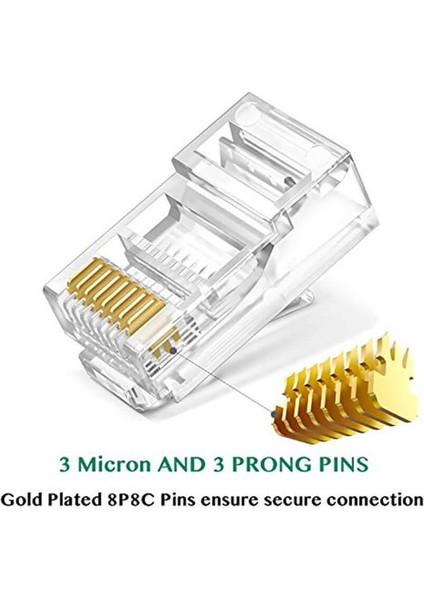 - 50 Adet - 3u" (3 Micron) Gold Plated Cat6 Ez RJ45 Yeni Nesil Delikli Konnektör Uç Jack