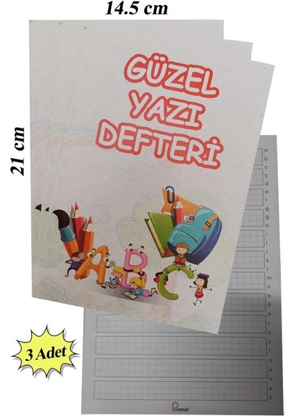 Güzel Yazı Defteri Küçük Boy 14,5X21 cm 24 Yaprak 3 Adet Klavuzlu Standart Çizgili Yazı Defteri Dik Temel Harflerle 1. Sınıf