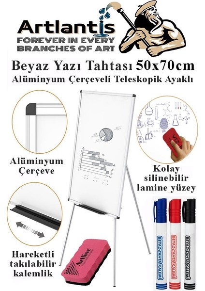 Ayaklı Beyaz Yazı Tahtası 50X70 cm Teleskobik Ayaklı 1 Adet Alüminyum Kolay Silinebilir Ergomik Beyaz Yazı Tahtası