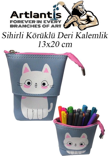Körüklü Kalemlik Kedi 1 Adet Mavi Renk Sihirli Körüklü Deri Kalemlik Kalem Çantası Sevimli Kedi Kalem Kutusu